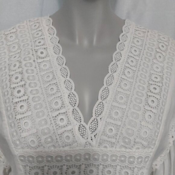 White Boho Lace Babydoll Blouse XS Linen V Neck Long Sleeve Peasant - Picture 5 of 10